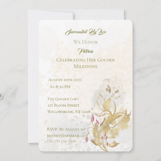 金ゴールド赤面フローラ50番目の誕生日招待状 招待状 (正面)