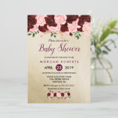 金ゴールド赤面ブルゴーニュフローラベビーシャワー招待状 招待状 (スタンド正面)