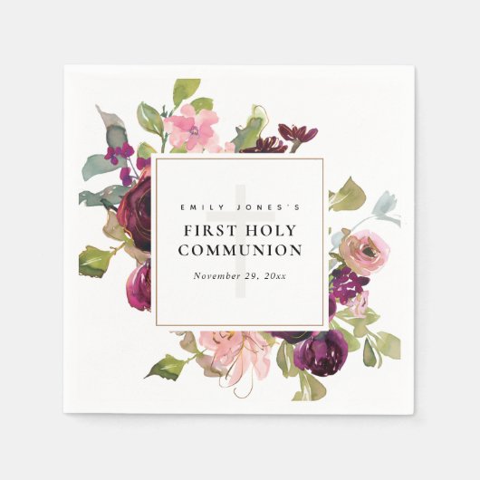 金ゴールド赤面レッドローズフローラ初の聖餐式 スタンダードカクテルナプキン (正面)