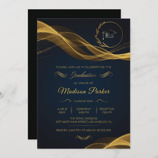 金ゴールド輝く波が青い卒業式に 招待状 (正面/裏面)