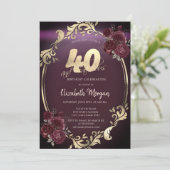 金ゴールド金ゴールドフレームブルゴーニュバラ40th誕生日 招待状 (スタンド正面)