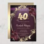 金ゴールド金ゴールドフレームブルゴーニュバラ40th誕生日 招待状 (正面/裏面)