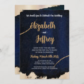 金ゴールド金属ブラシ |濃い青のテクスチャ 招待状 (正面/裏面)