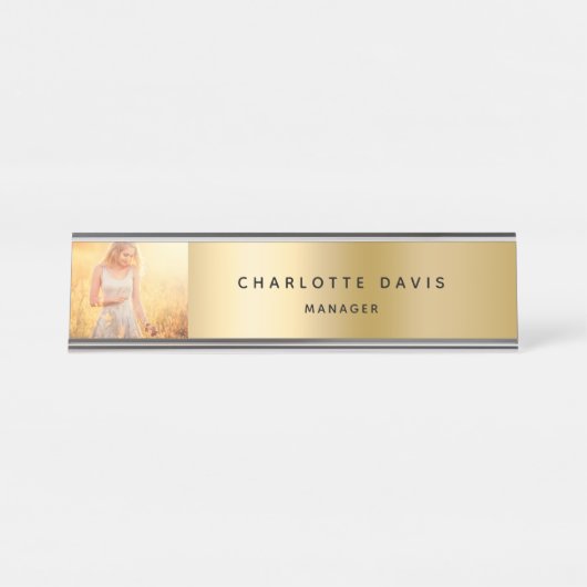 金ゴールド金属写真社員モノグラムモダン デスクネームプレート (正面)