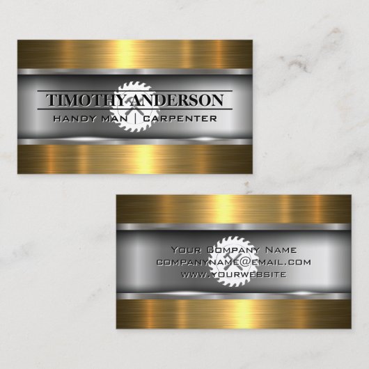 金ゴールド金属木材 |ソーとハンマー 名刺 (正面/裏面)