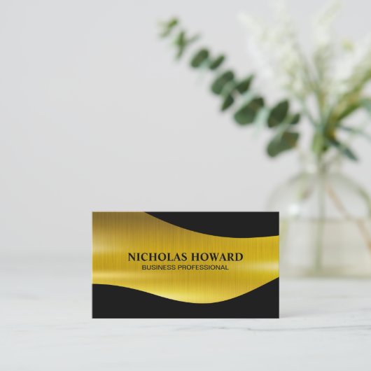 金ゴールド金属製ブラシ及びブラックビジネスカード 名刺 (スタンド正面)