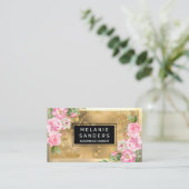 金ゴールド金属 |ピンクの花の名刺 名刺 (スタンド正面)