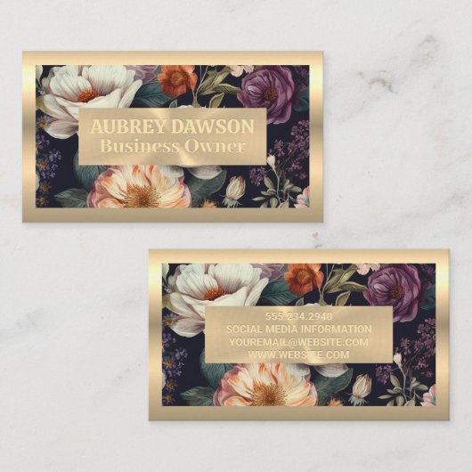 金ゴールド金属 |ヴィンテージエレガントの花模様 名刺 (正面/裏面)