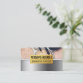 金ゴールド金属 |化粧パレットとブラシ 名刺 (スタンド正面)