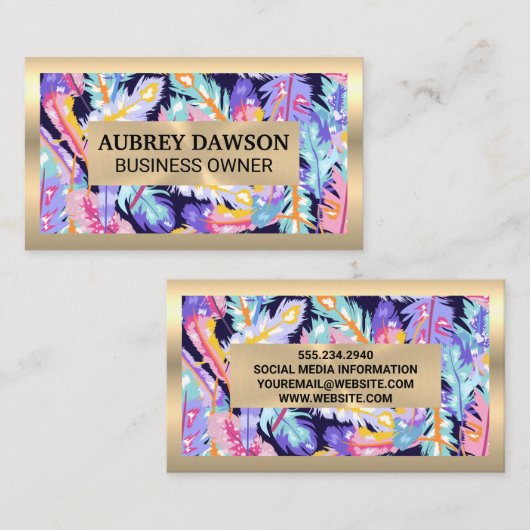 金ゴールド金属 | Boho Feather 名刺 (正面/裏面)