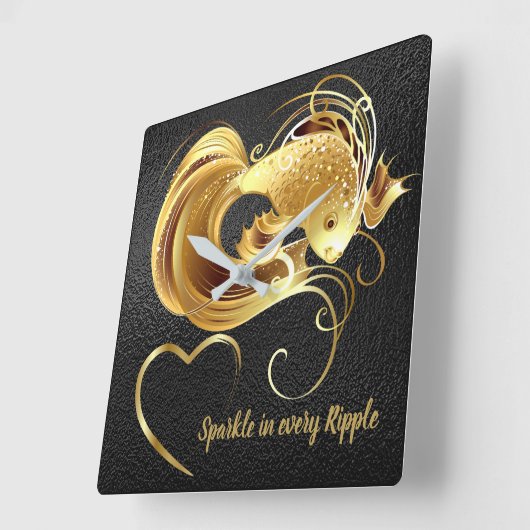 金ゴールド金魚の黒箔モノグラム | スクエア壁時計 (傾斜)