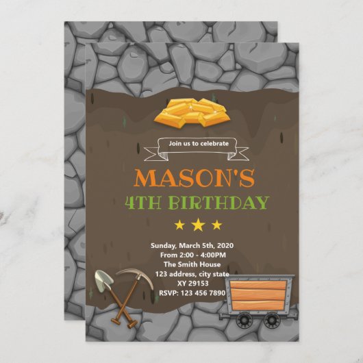 金ゴールド鉱山誕生日テーマ招待状 招待状 (正面/裏面)