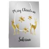 金ゴールド銀エレガントのクリスマスの雪の結晶トナカイ ミディアムペーパーバッグ (正面)