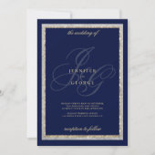 金ゴールド銀ネイビーブルーモノグラム結婚イニシャル 招待状 (正面)