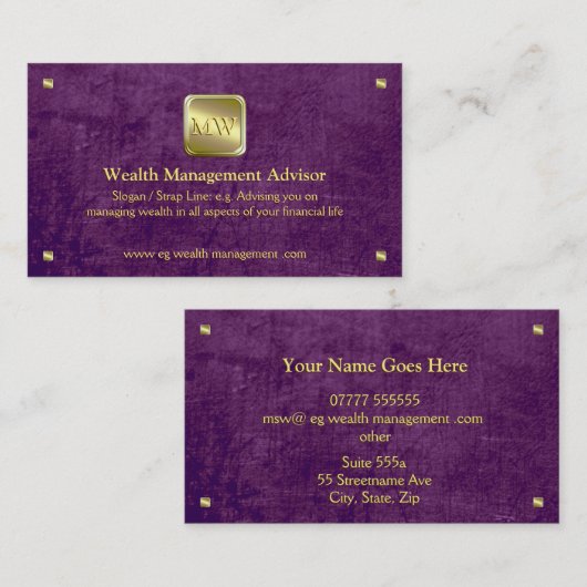 金ゴールド銘板パープルレザールック、ウェルスアドバイザー 名刺 (正面/裏面)