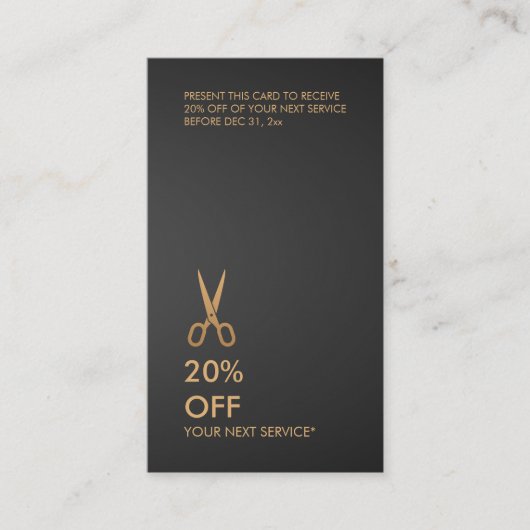 金ゴールド鋏美容師黒割引縦 名刺 (正面)
