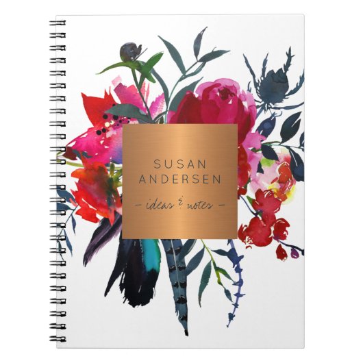 金ゴールド鋼エレガント銅金属赤色海軍フローラ ノートブック (正面)