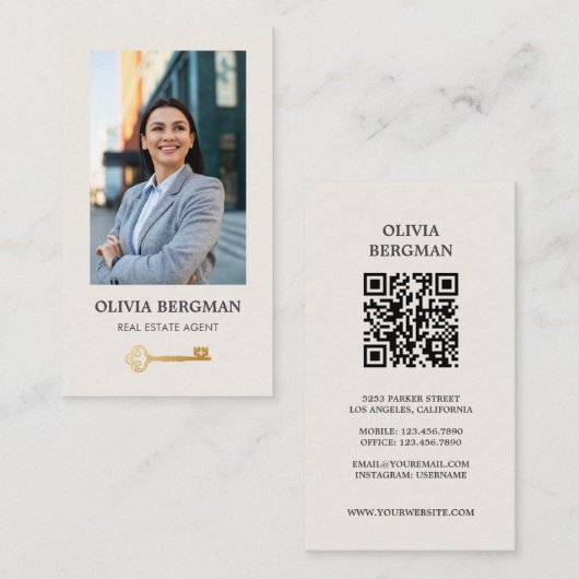金ゴールド鍵実在プロフェッショナルエステートフォトQRコード 名刺 (正面/裏面)