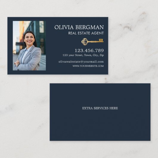 金ゴールド鍵実在プロフェッショナルエステート縦写真 名刺 (正面/裏面)