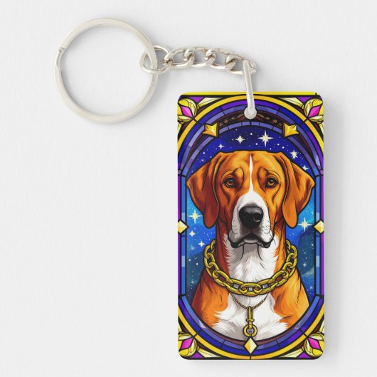 金ゴールド鎖付き犬のステンドグラスポートレート キーホルダー (正面)