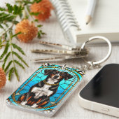 金ゴールド鎖付き犬のステンドグラスポートレート キーホルダー (正面右)