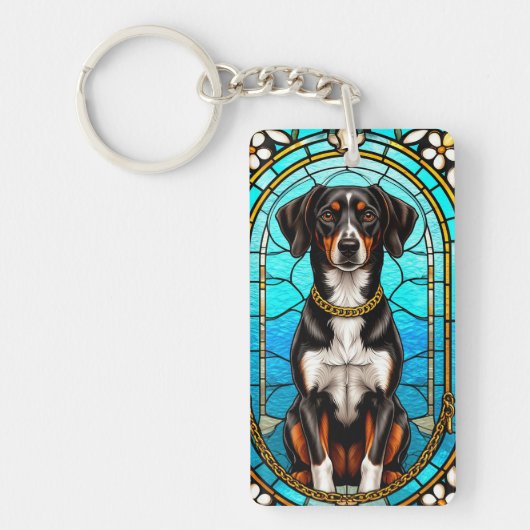 金ゴールド鎖付き犬のステンドグラスポートレート キーホルダー (正面)