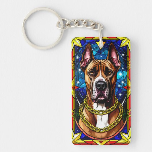 金ゴールド鎖付き犬のステンドグラスポートレート キーホルダー (正面)