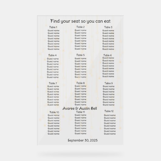 金ゴールド降雨文字列結婚ライトの座席表 アクリルサイン (正面)