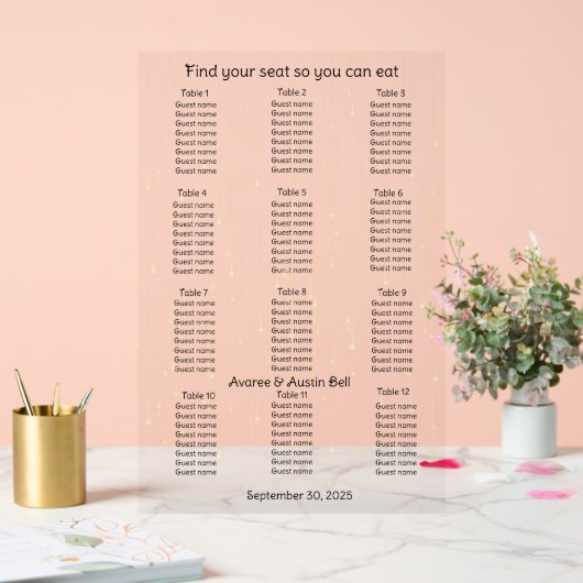 金ゴールド降雨文字列結婚ライトの座席表 アクリルサイン (ウェディング)