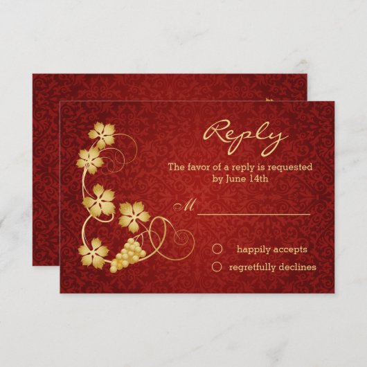 金ゴールド離れつる植物オンレッドダマスクRSVP招待状 出欠カード (正面/裏面)