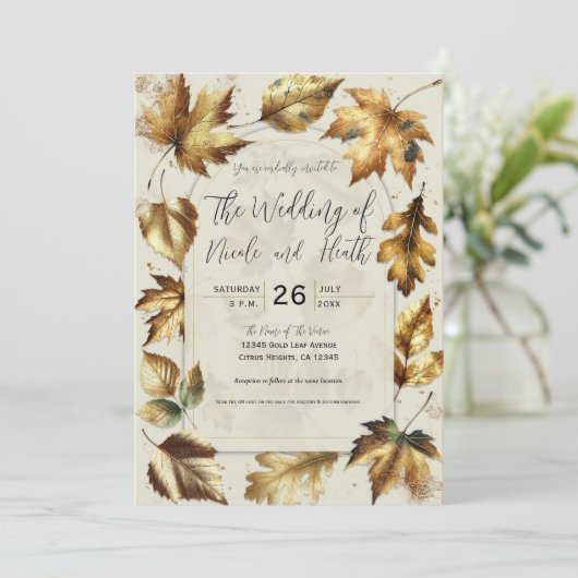 金ゴールド離れアモンドベージュクリームグラム秋の結婚式 招待状 (スタンド正面)
