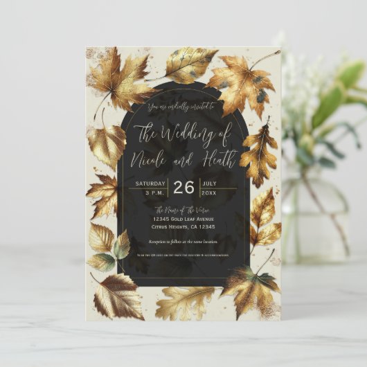 金ゴールド離れアモンドベージュクリームブラック秋の結婚式 招待状 (スタンド正面)