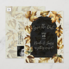 金ゴールド離れアルモンド&ベージュブラックグラム秋の結婚式 案内ポストカード