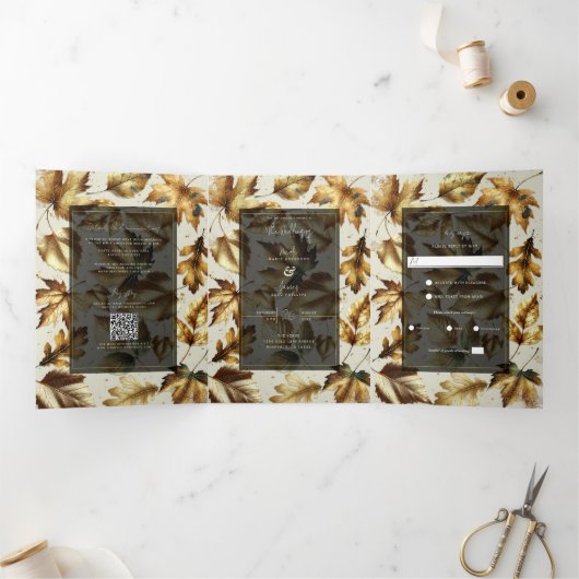 金ゴールド離れアーモンドベージュ&ブラックグラム秋の結婚式 三つ折り招待状 (内部)