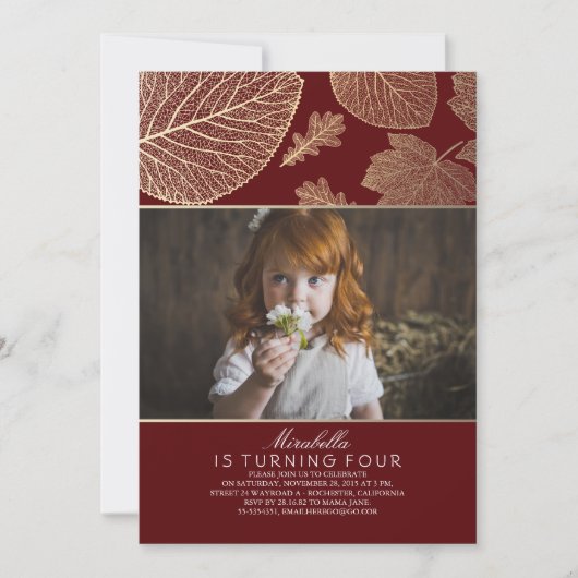 金ゴールド離れエレガント秋フォト誕生日パーティー 招待状 (正面)