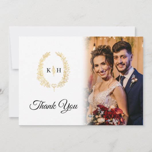 金ゴールド離れオバル白黒結婚の写真QRコード サンキューカード (正面)