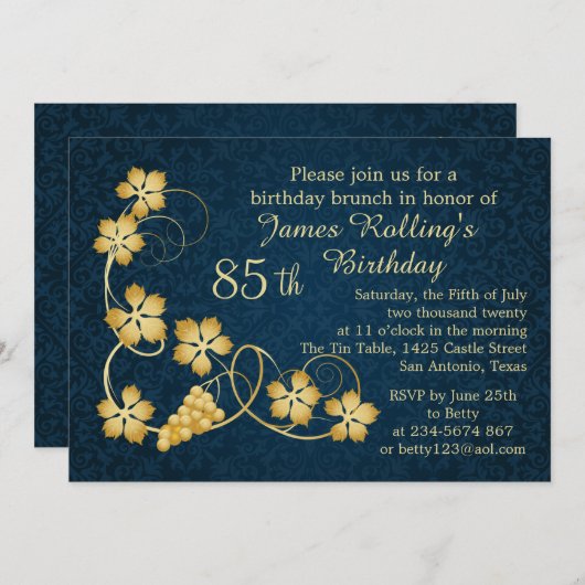 金ゴールド離れオンつる植物ブルー85誕生日 招待状 (正面/裏面)