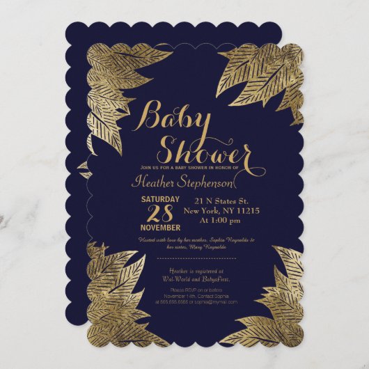 金ゴールド離れオンネイビーブルーベビーシャワー招待状 招待状 (正面/裏面)