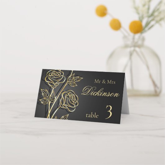 金ゴールド離れバラオンブラック折り畳み座席表 プレイスカード (正面)