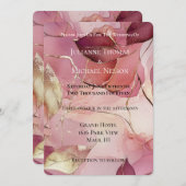 金ゴールド離れバルガンディ赤面ピンクロマンチ結婚ャンス 招待状 (正面/裏面)