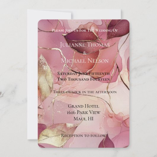 金ゴールド離れバルガンディ赤面ピンクロマンチ結婚ャンス 招待状 (正面)