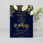 金ゴールド離れ秋タイポグラフィネイビー結婚ブルー 箔招待状 (立ち正面)