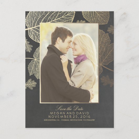 金ゴールド離れ秋写真の保存日付 案内ポストカード (正面)