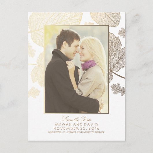 金ゴールド離れ秋白写真保存日付 案内ポストカード (正面)