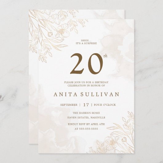 金ゴールド離れ縁ど誕生日2020th 招待状 (正面/裏面)