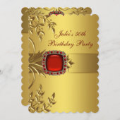 金ゴールド離れ赤宝石女性50th誕生日パーティー 招待状 (正面/裏面)