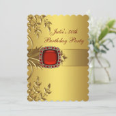 金ゴールド離れ赤宝石女性50th誕生日パーティー 招待状 (スタンド正面)