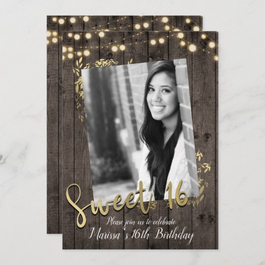 金ゴールド離れ&ライツダーク素朴ウッドスウィート16 招待状 (正面/裏面)
