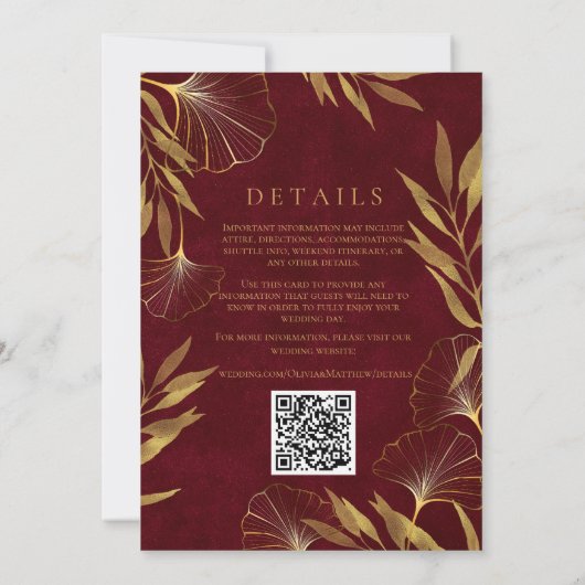 金ゴールド離れ/金ゴールドとブルゴーニュ結婚式招待状 招待状 (裏面)