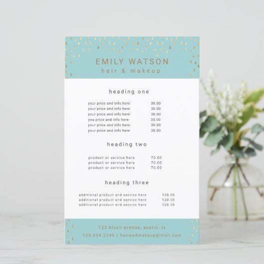 金ゴールド雨フェイク滴箔サービスと価格フライヤー (スタンド正面)